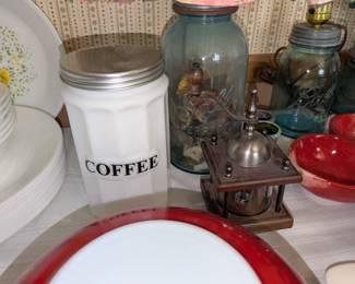 Milk Glass coffee canister, vintage hand crank pepper mill grinder