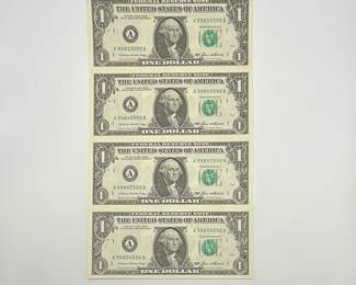 Uncut Sheet of four 1985 1$ Notes