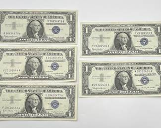Five 1957 B $1 Silver Certificates