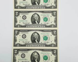 Uncut Sheet of four 1976 $2 Notes