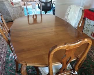 12.  the price is 495.00  Ethan  Allen  dining  room  table and  6  chairs  It  is   66  x  43.  There  are  two  18"  leaves in  addition.