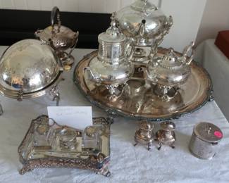Silver plate t set, Ink Well and other items