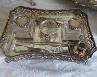 silver plate inkwell and other items