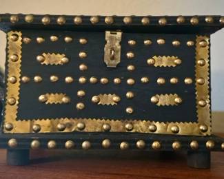 Antique Decorative Box with Brass Studs and Lock 