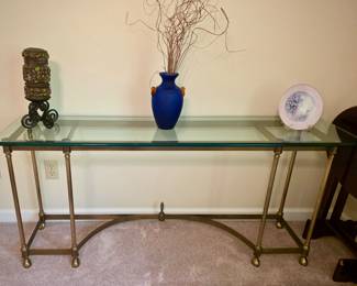 Glass Top Console Table with Brass Frame 