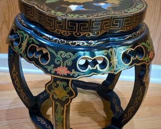 Vintage Black Lacquer Drum Stool with Floral and Bird Motif 