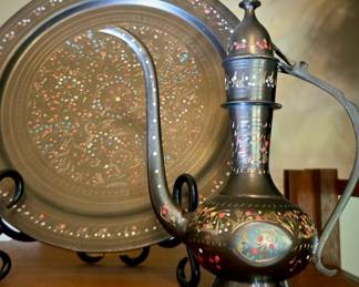 Middle Eastern Brass Ewer and Tray 