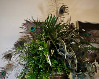 Peacock Feather and Faux Greenery Arrangement in Vintage Pot 