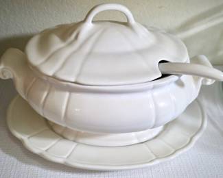 White Ceramic Soup Tureen with Ladle and Saucer 
