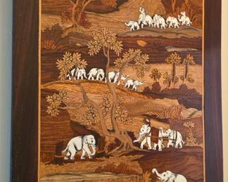 Marquetry Wood Panel with Elephants 