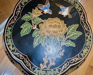 Vintage Black Lacquer Drum Stool with Floral and Bird Motif 