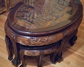 Carved tea table with stools