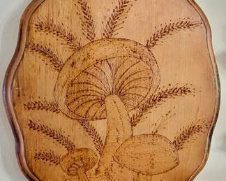 Pyrography Wooden Plaque with Mushrooms and Wheat