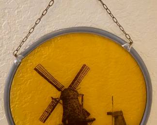 Vintage Stained Glass Sun Catcher with Windmill Scene 
