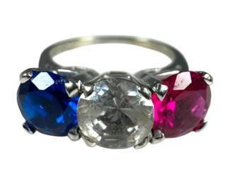 14kt White Gold Lab Created Red White and Blue 3 Stone Ring