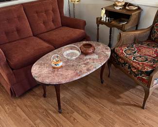 VINTAGE LOVESEAT, MARBLE TOP OVAL COFFEE TABLE, ACCENT CHAIR, DECOR