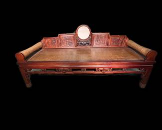 Asian Chaise Couch / Daybed with bamboo rolls & intricate carvings, 87"x31"x38", solid wood 