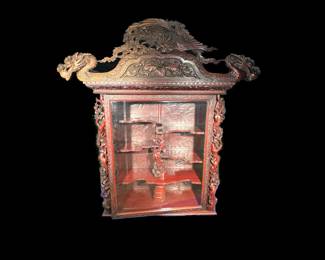 Orante vintage Chinese carved dragons display cabinet, intricately carved throughout w/ glass door, carved trim & surround that features interior shelves.  Removable top. See next pic for base (3rd piece of the cabinet). 60"x24"x87.5" when all 3 pieces are stacked.  