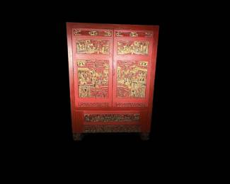 Antique Chinese Ningbo Cabinet, carved, lacquered & gilded wood, 45"x20"x62"