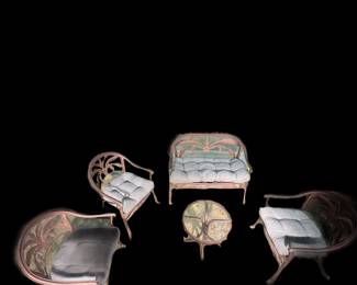 5 piece light-weight aluminum outdoor furniture set w/ palm detailing, 3 chairs, small table + loveseat