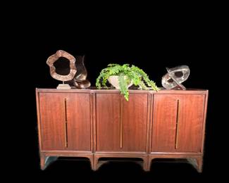 Uttermost MCM walnut & brass curvature cabinet, 67.5" x 18" x 34.5"