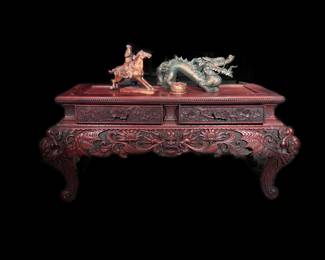 Base of ornate vintage Chinese display cabinet w/ 2 drawers & intricately carved throughout.  This is the bottom of a 3 piece cabinet (see pics just prior for pieces 1 & 2 stacked).  60"x24"x87.5" when all 3 pieces stacked.