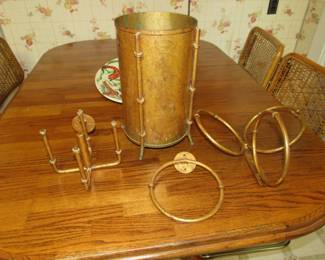 Mid Century gilded iron bathroom set, waste can, toilet paper holder & 2 towel holders