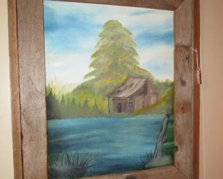 Oil painting cabin scene