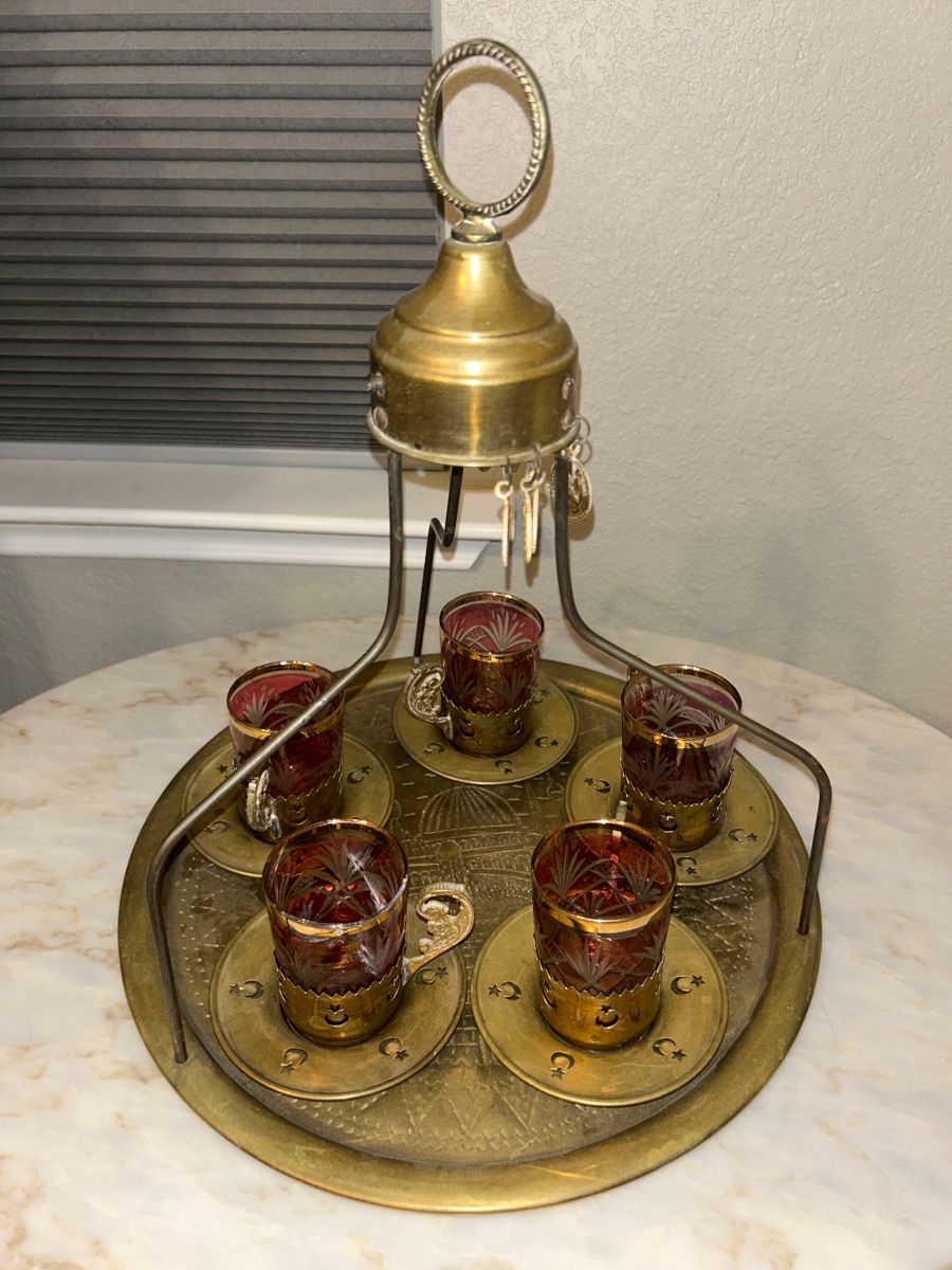 1960’s Turkish Chai with 5 pink glasses and brass holders and saucers