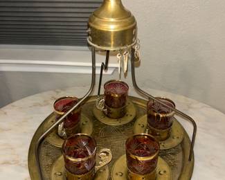 1960’s Turkish Chai with 5 pink glasses and brass holders and saucers