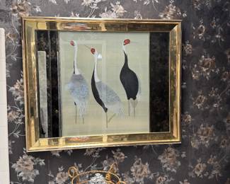 Framed Japanese "Cranes" picture mid century