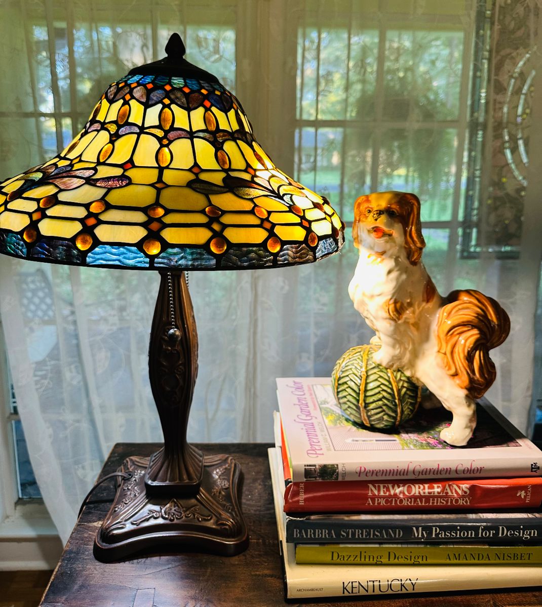 One of two stained glass lamps