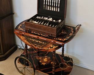 Italian inlaid teacart.  Silver-Plated flatware set