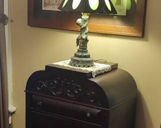 Record Cabinet & Slag Glass Lamp