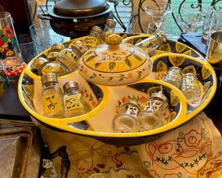 Serving Dish, Salt and Pepper Shakers, Liquor glasses, and Vintage Glasses