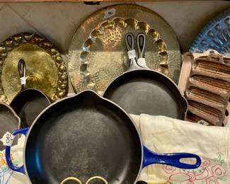 La Creuset Pan, Brass Platters, Cast Iron Skillets and Cast Iron Corn Bread Trays