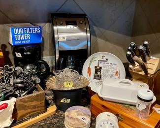 Coffee Pots, Cast Iron Trivets, Butter Dish, Knives Set