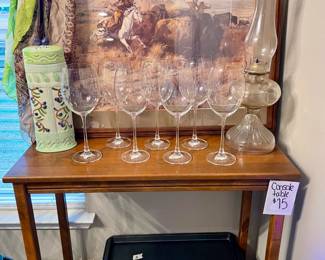 Console Table, Oil Lamp, Western Blanket, and Artwork