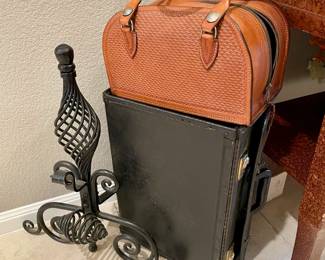 Vintage Cast Iron Fire Dogs, Leather Purse, and Leather Suitcase