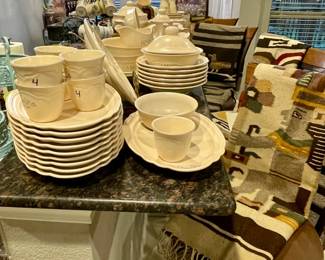 Pfaltzgraff Stone Ware "Remembrance", 4 Bar Stools, 4 Woven Rugs/ Saddle Blankets 