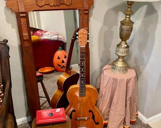 Acoustic Guitar, Antique Stool, Vintage Mirror and Brass Lamp