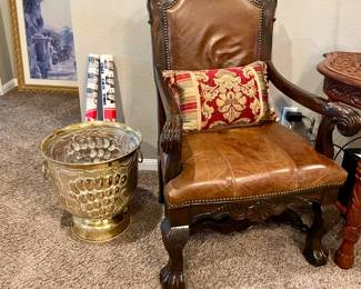 Large Brass Planter and Leather Chair