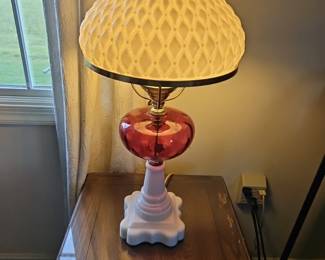 ANTIQUE RUBY RED & MILK GLASS LAMP