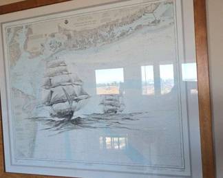 PR182VNautical Art Ink Drawing On Nautical Chart by Lawrence Packard
