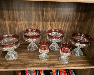 Indiana Glass King's Crown Ruby Flash Thumbprint Compote/Candy Dishes & Mini Wine Goblets 