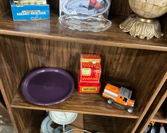 Purple Fiestaware Plate - Tin Buddy L Easy Saver Mechanical Bank Shaped Like Cash Register - Chevy Truck Bank