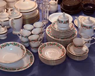 Sango Noel Christmas dinnerware... Not quite as extensive as the Langdon Gate pattern trying to crowd its way into the frame, but still perfect for a holiday get together. Ho ho ho!