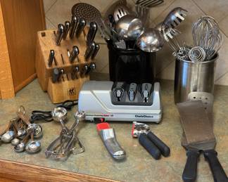 Slicing, whisking, flipping, straining. No, not CrossFit. Just another workout in this gourmet kitchen. Those Wusthof knives are already razor sharp, but if you want to do the put them to the test pickup the heavy duty knife sharpener to go with them.