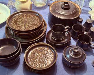 This is a very incomplete  Denby Langley Bukara stoneware set. In stone age times before microwaves and dishwashers, it was actually the daily dishware my family used when I was kid, and i'm probably a good part of the reason this set is incomplete. Still, it's a remarkably interesting pattern and a conversation starter for sure. 