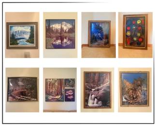 Just some of the collection of natural themed photography and artwork... many wood frames, some contemporary collage arrangements.